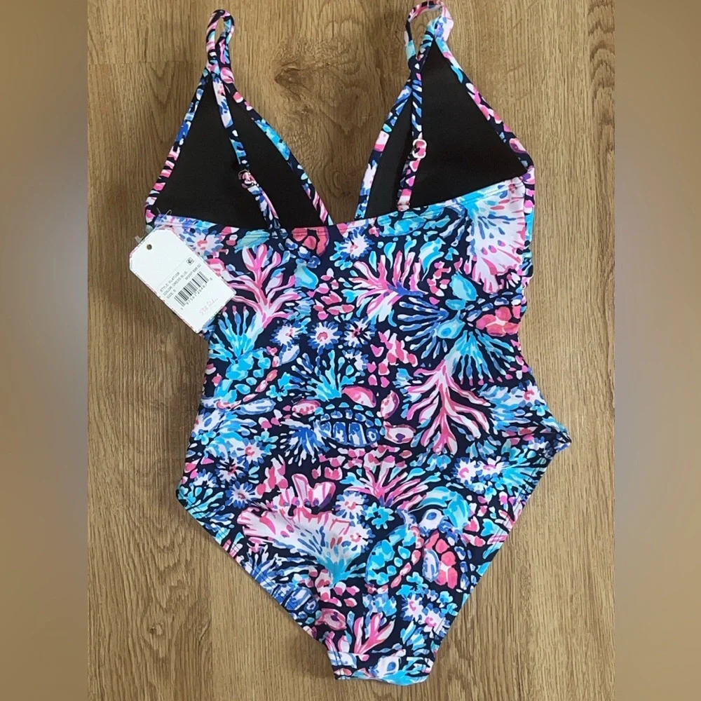 NWT Stella Parker Women’s 1 Piece Bathing Swim Suit Size S Navy Coral Adjustable